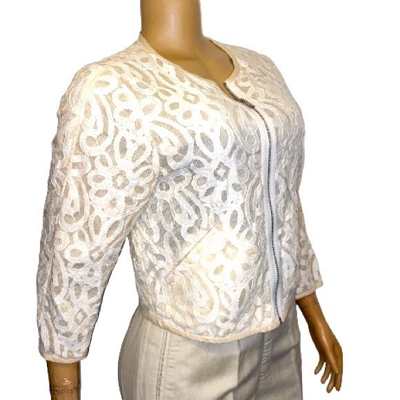 Rachel Rachel Roy Lace Bomber Jacket Cream Full Zip Semi Sheer Silhouette Size S - Picture 3 of 12